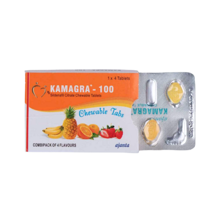 Packung Kamagra Soft 100 mg Sildenafil Citrat Kautabletten von Ajanta Pharma – 4 Stück Packung zur Behandlung von Erektionsstörungen