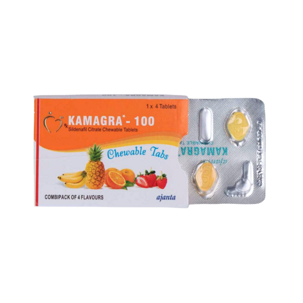 Packung Kamagra Soft 100 mg Sildenafil Citrat Kautabletten von Ajanta Pharma – 4 Stück Packung zur Behandlung von Erektionsstörungen