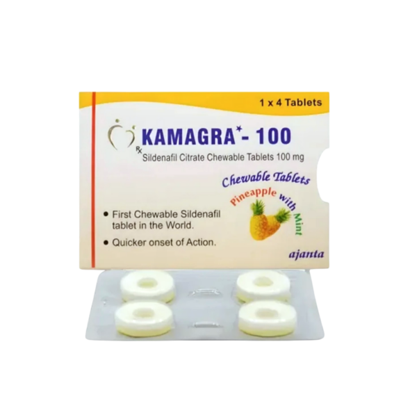 Packung Kamagra Polo 100 mg Sildenafil Citrat Kautabletten von Ajanta Pharma – 4 Stück Packung zur Behandlung von Erektionsstörungen