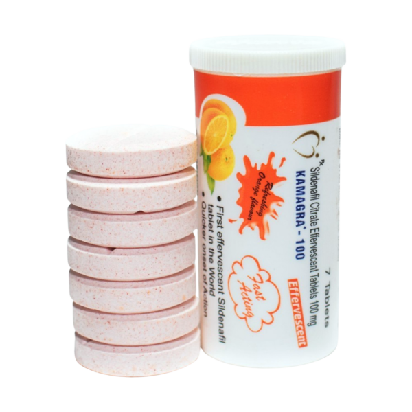 Kamagra Effervescent 100 mg Sildenafil Citrat Brausetabletten mit Orangengeschmack, 7 Tabletten Röhrchen mit gestapelten rosa Brausetabletten daneben
