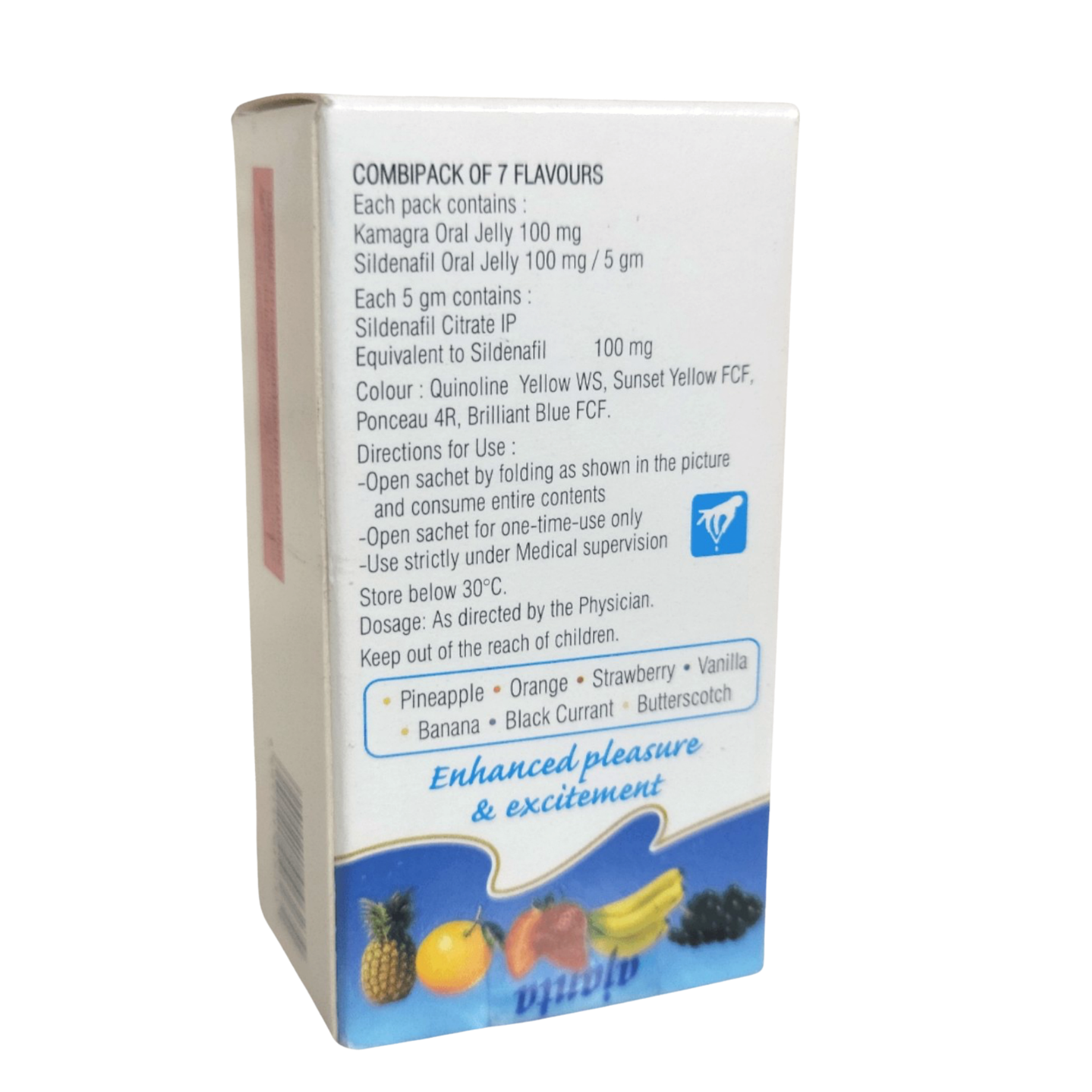 Rückseite Kamagra Oral Jelly 100mg Packung: Inhaltsstoffe Sildenafil Citrat, 7 Geschmacksrichtungen (Ananas/Pineapple, Orange, Erdbeere/Strawberry, Vanille/Vanilla, Banane/Banana, Schwarze Johannisbeere/Black Currant, Karamell/Butterscotch) und Dosierungshinweise von Ajanta Pharma.
