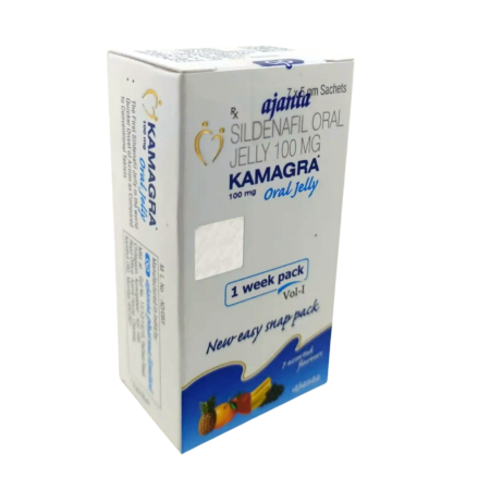 Packung Kamagra Oral Jelly 100mg von Ajanta Pharma mit Sildenafil – 1-Wochen-Packung mit Fruchtgeschmack