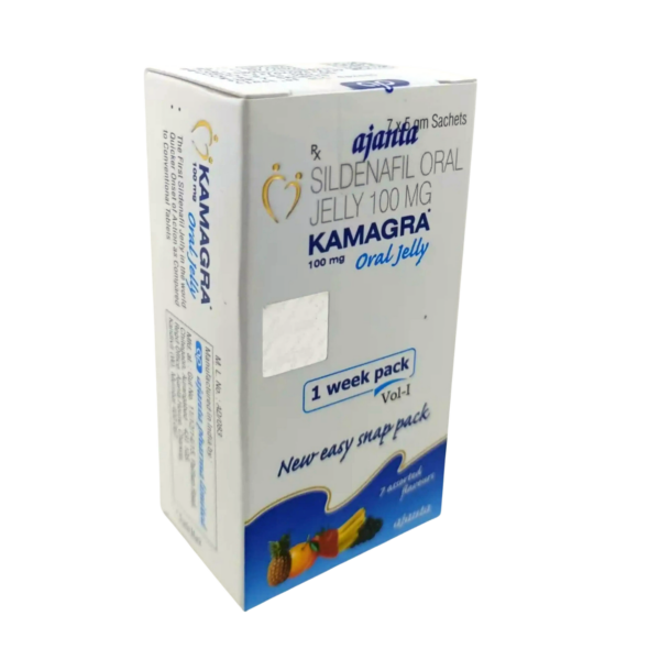 Packung Kamagra Oral Jelly 100mg von Ajanta Pharma mit Sildenafil – 1-Wochen-Packung mit Fruchtgeschmack