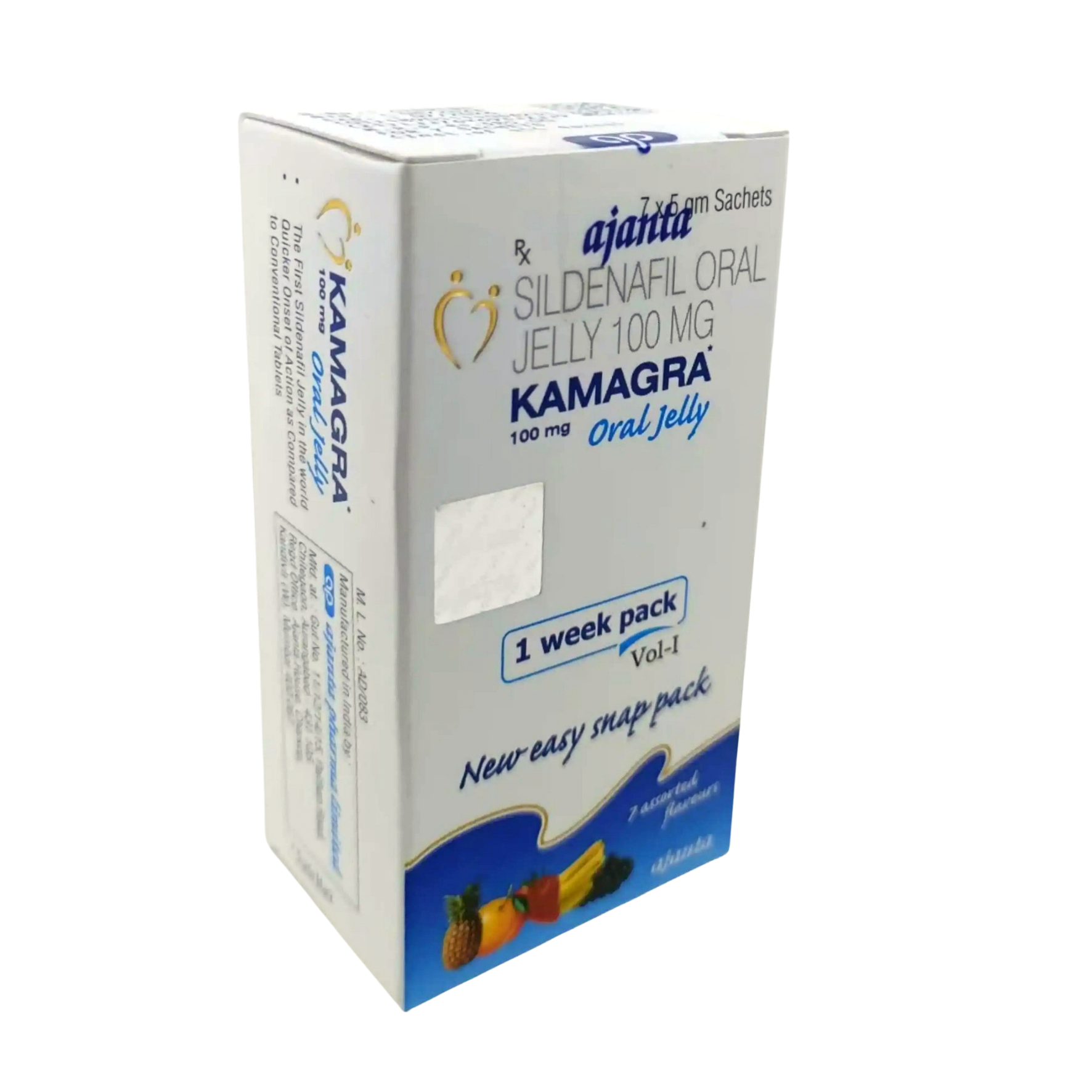 Packung Kamagra Oral Jelly 100mg von Ajanta Pharma mit Sildenafil – 1-Wochen-Packung mit Fruchtgeschmack