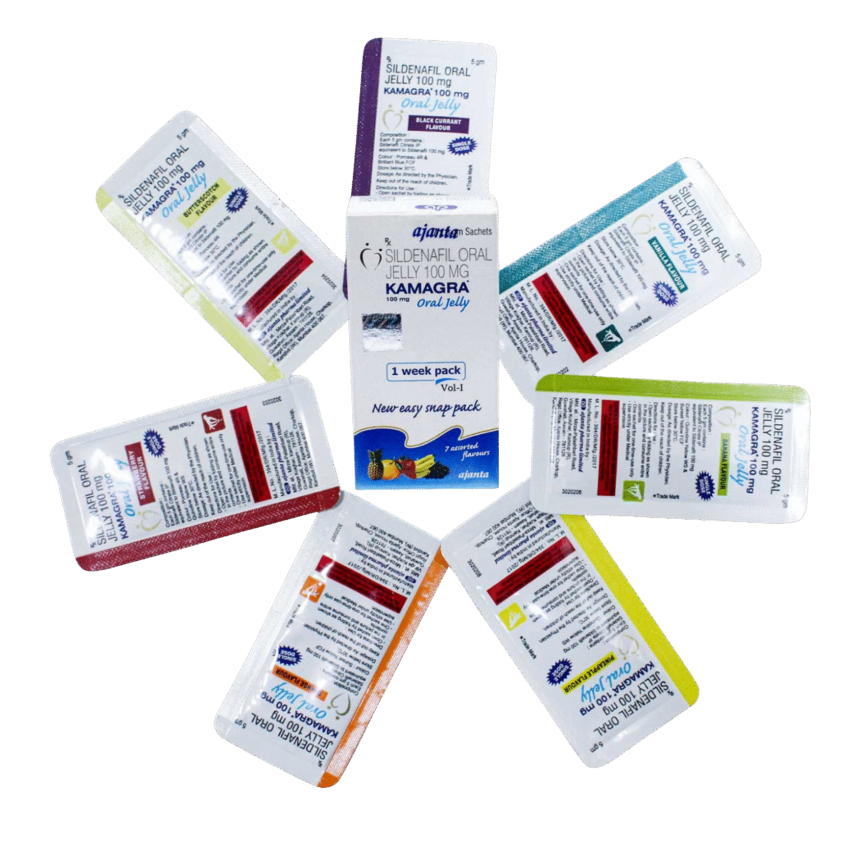 Kamagra Oral Jelly 100mg Vol-I: Alle 7 Sildenafil-Sachets der 1-Wochen-Packung mit verschiedenen Fruchtgeschmacksrichtungen von Ajanta Pharma